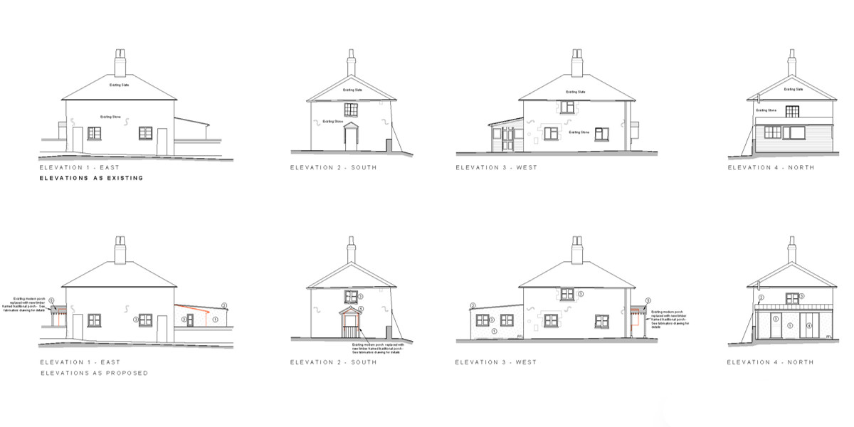 Architectural drawings for the proposed extension of a listed cottage