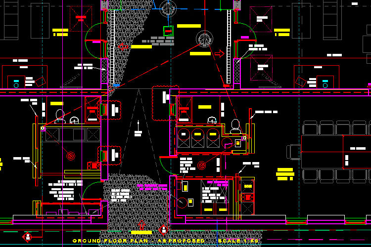 A detailed architectural drawing on a dark background