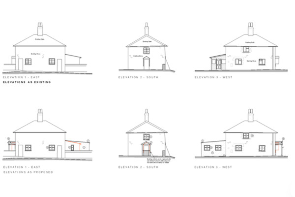 Architectural drawings for the proposed extension of a listed cottage